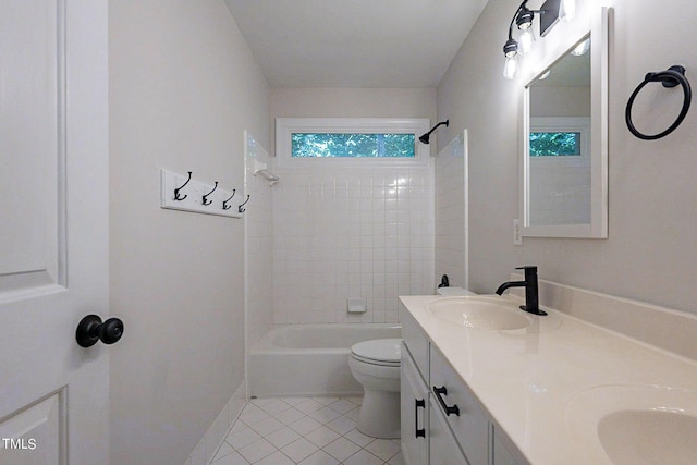 full bathroom featuring toilet, tile patterned floors, shower / tub combination, and vanity