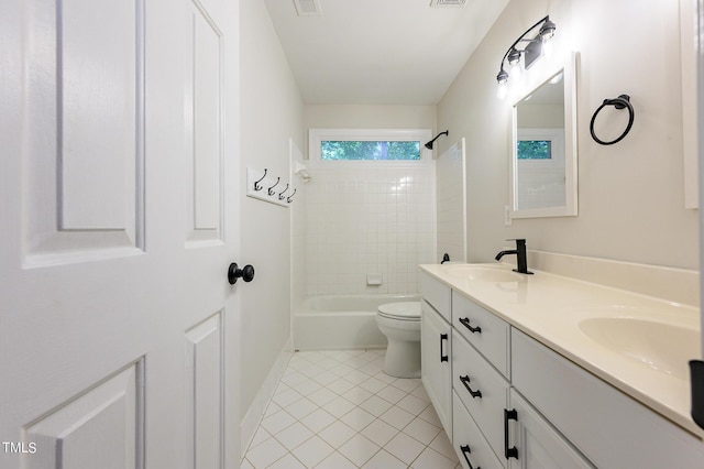 full bathroom with vanity, toilet, shower / bath combination, and tile patterned flooring