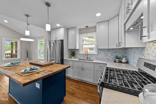 kitchen with stainless steel appliances, plenty of natural light, sink, and wood counters