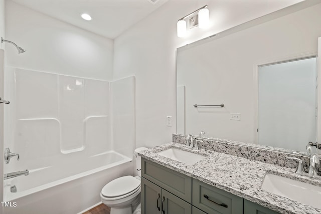 full bathroom with toilet, vanity, and bathtub / shower combination