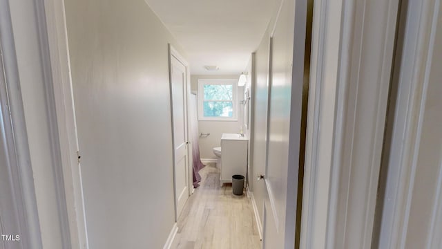 bathroom with hardwood / wood-style flooring, toilet, and vanity