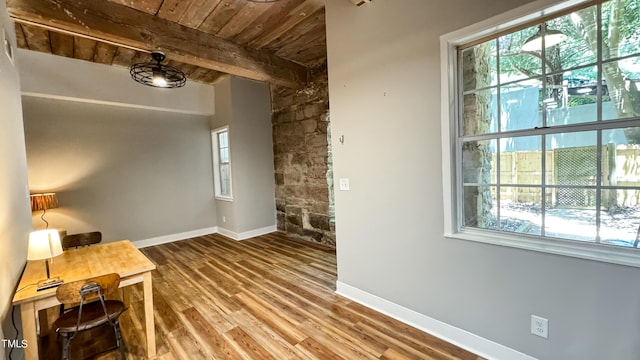 interior space with hardwood / wood-style flooring, wood ceiling, and beam ceiling