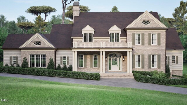 view of front of property featuring a balcony and a front lawn