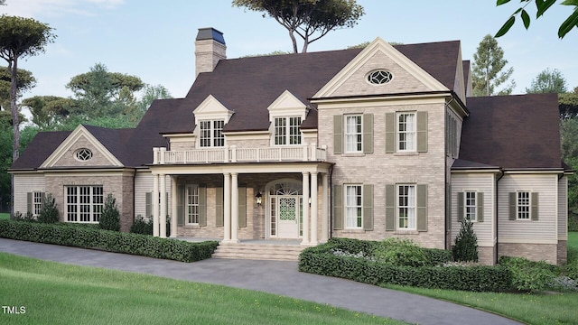 view of front of house with brick siding, a chimney, and a balcony