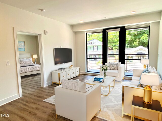 living room with plenty of natural light and wood-type flooring