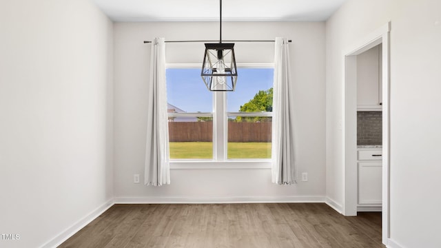 unfurnished dining area with a chandelier and hardwood / wood-style flooring