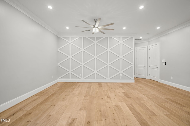 interior space with light hardwood / wood-style floors, ceiling fan, and crown molding