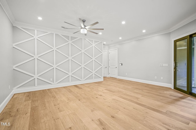 unfurnished living room featuring ceiling fan, light wood-type flooring, and crown molding