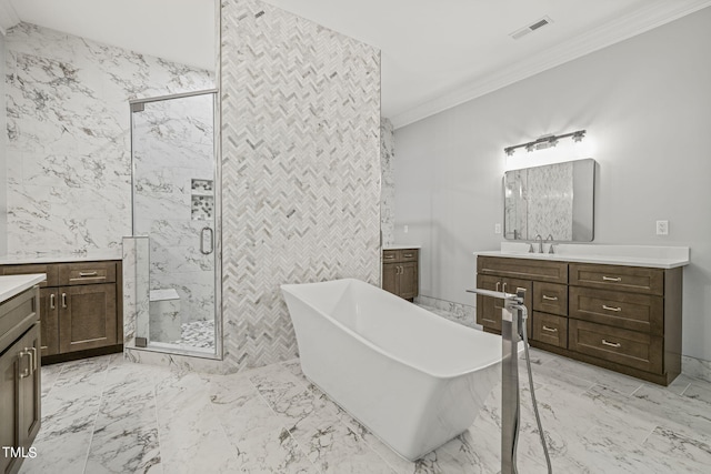 bathroom with vanity, plus walk in shower, ornamental molding, and tile walls