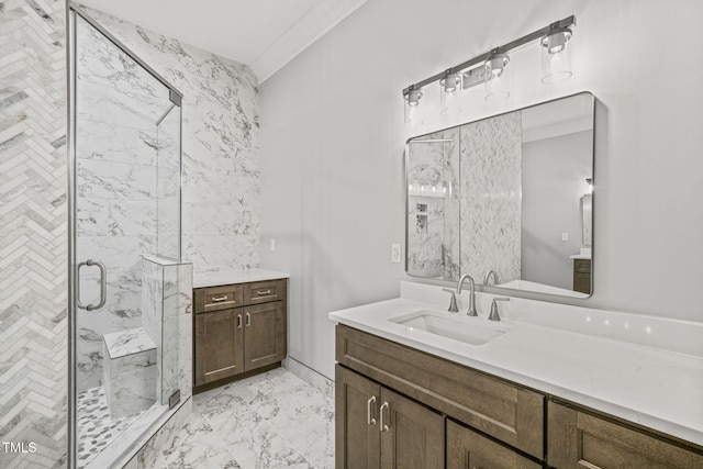 bathroom featuring walk in shower, vanity, and ornamental molding