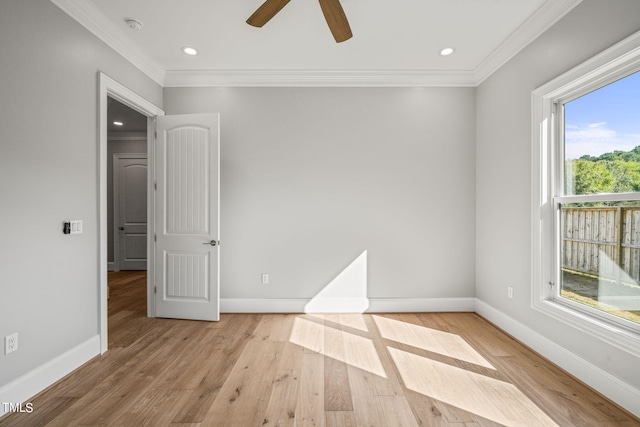 empty room with ceiling fan, light wood-type flooring, and crown molding