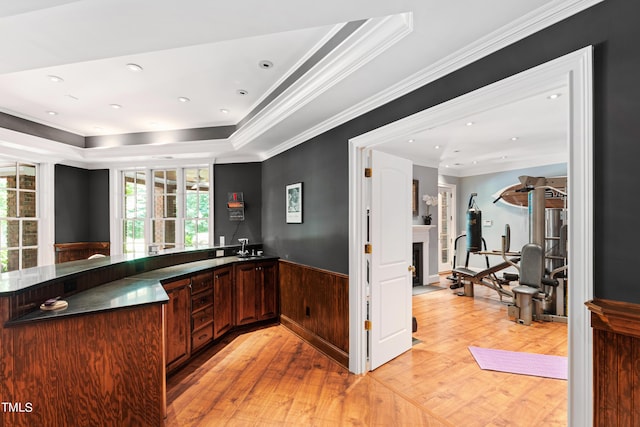 bar featuring sink, crown molding, a tray ceiling, and light hardwood / wood-style flooring