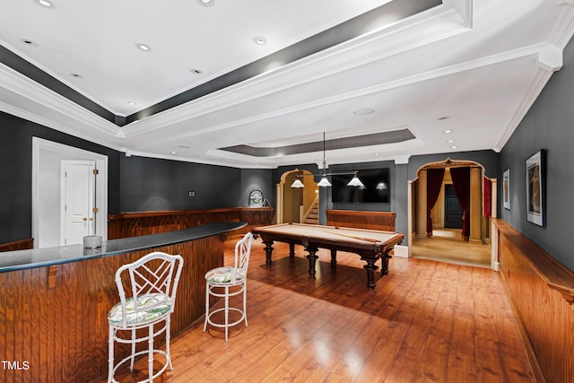 1820 Oatlands Ct, Wake Forest, NC 27587 - game room with a tray ceiling, bar, billiards table, a wainscoted wall, and crown molding