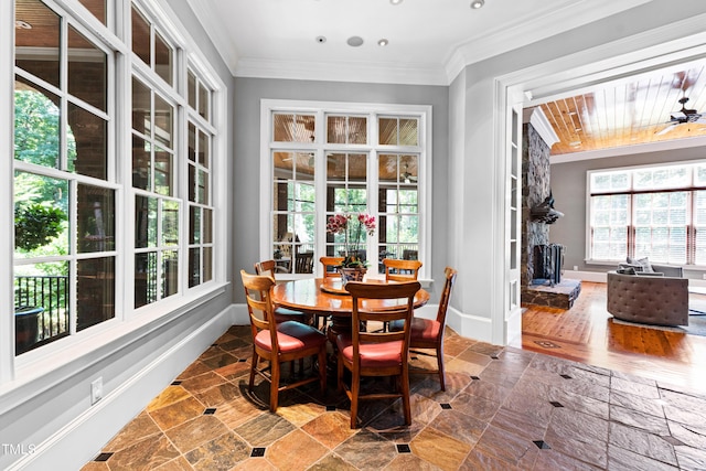 1820 Oatlands Ct, Wake Forest, NC 27587 - dining space with plenty of natural light, ornamental molding, recessed lighting, and ceiling fan
