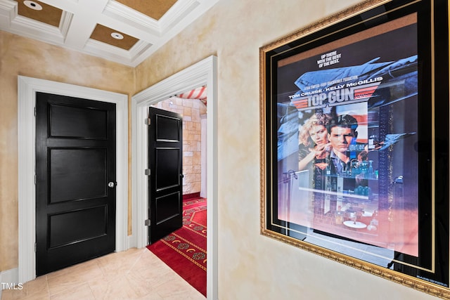 hallway with beam ceiling, crown molding, and coffered ceiling