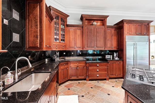 1820 Oatlands Ct, Wake Forest, NC 27587 - kitchen with appliances with stainless steel finishes, backsplash, ornamental molding, glass insert cabinets, and dark stone counters