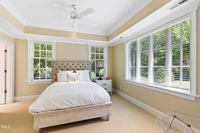 bedroom featuring carpet, ceiling fan, a raised ceiling, and multiple windows