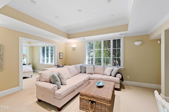 carpeted living room featuring a raised ceiling, crown molding, and a wealth of natural light