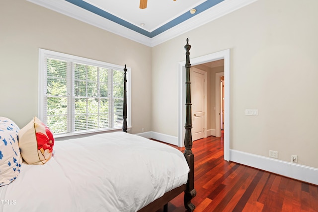 bedroom featuring a raised ceiling, ceiling fan, dark hardwood / wood-style floors, and ornamental molding