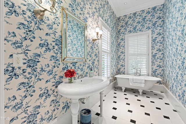 1820 Oatlands Ct, Wake Forest, NC 27587 - bathroom with ornamental molding, wallpapered walls, and a soaking tub