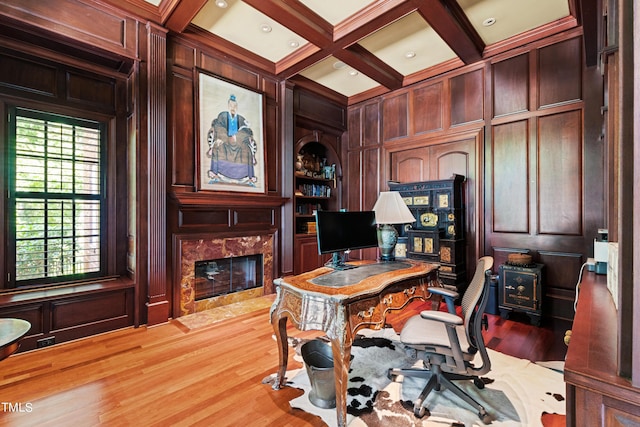 office with beam ceiling, built in shelves, coffered ceiling, wooden walls, and a fireplace