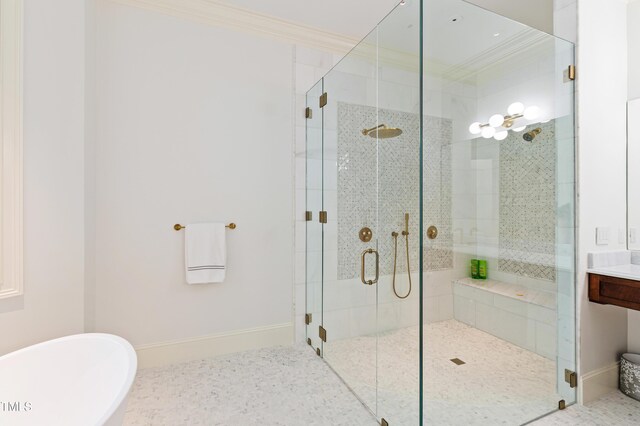 1820 Oatlands Ct, Wake Forest, NC 27587 - bathroom featuring a soaking tub, a stall shower, ornamental molding, and vanity