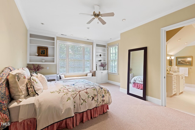 bedroom with light carpet, ceiling fan, and crown molding