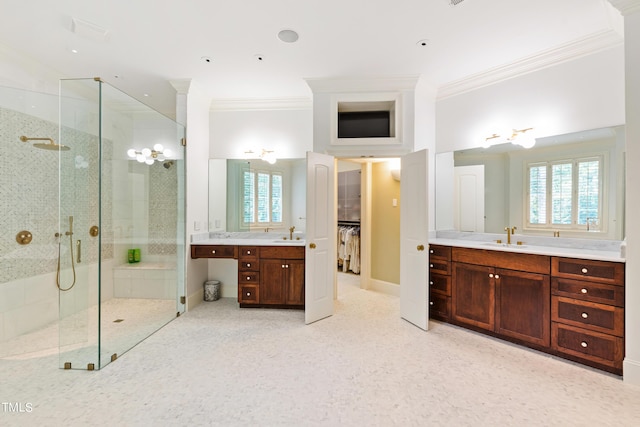 1820 Oatlands Ct, Wake Forest, NC 27587 - bathroom with a stall shower, ornamental molding, and two vanities