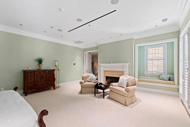 bedroom with a premium fireplace, light colored carpet, and ornamental molding