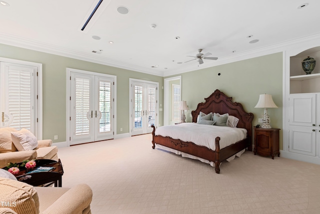 bedroom with access to outside, french doors, ceiling fan, ornamental molding, and light colored carpet