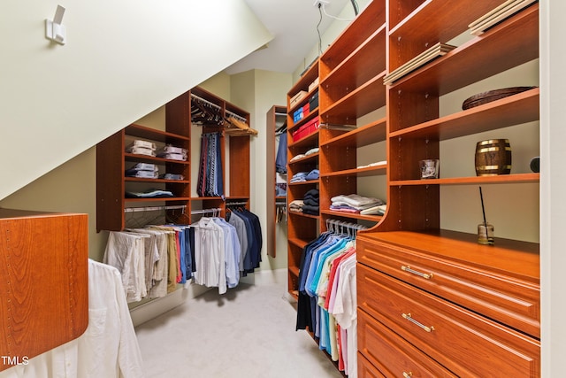 spacious closet featuring light colored carpet