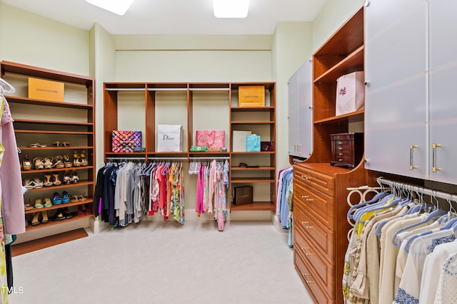 walk in closet with light carpet