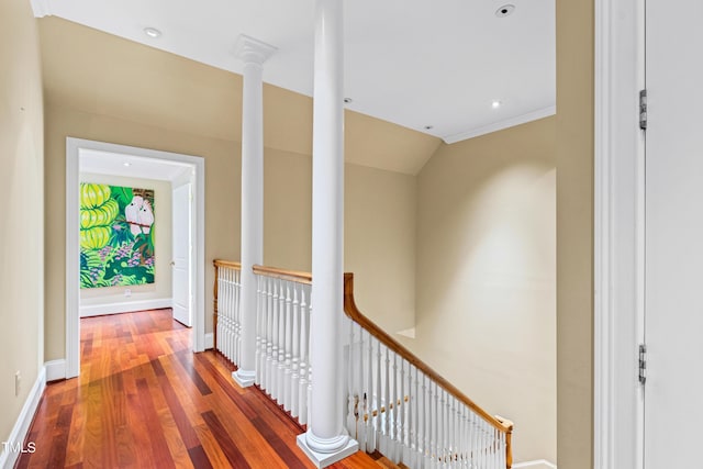1820 Oatlands Ct, Wake Forest, NC 27587 - hall featuring wood finished floors, an upstairs landing, and recessed lighting