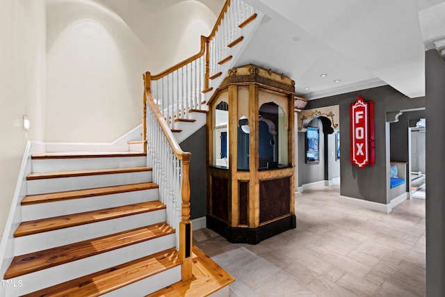 1820 Oatlands Ct, Wake Forest, NC 27587 - staircase with crown molding and recessed lighting