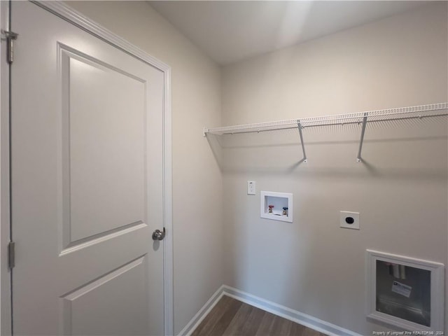 laundry room with hookup for a washing machine, dark wood-type flooring, and hookup for an electric dryer