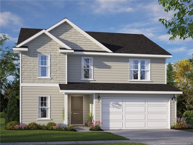 view of front of house with a front yard and a garage