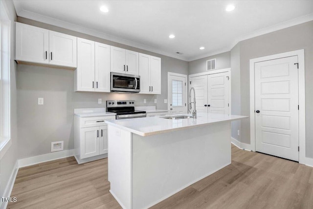 kitchen featuring stainless steel appliances, white cabinetry, and an island with sink