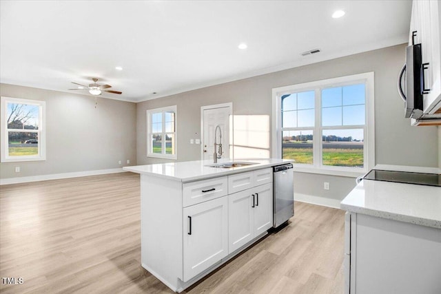 kitchen featuring white cabinets, appliances with stainless steel finishes, a center island with sink, and a healthy amount of sunlight