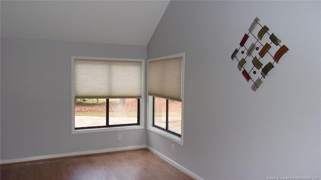 spare room with hardwood / wood-style floors and lofted ceiling