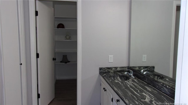 bathroom with hardwood / wood-style floors and vanity