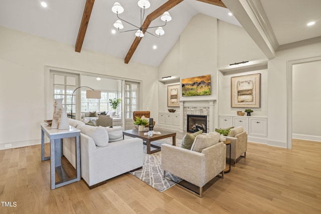 living area featuring light wood-style flooring, high vaulted ceiling, a fireplace, baseboards, and recessed lighting