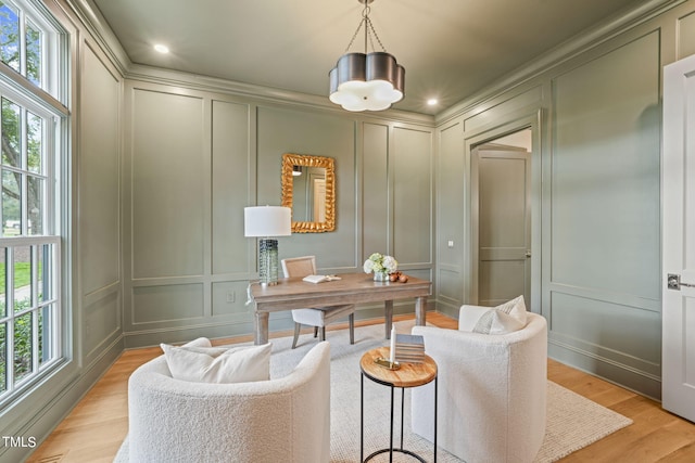 office area with a decorative wall, light wood-type flooring, a notable chandelier, and recessed lighting