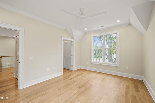 additional living space with visible vents, recessed lighting, light wood finished floors, ceiling fan, and baseboards