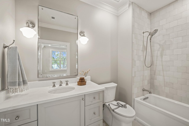 bathroom featuring toilet, vanity, ornamental molding, visible vents, and  shower combination