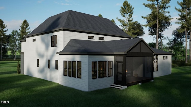 back of house with entry steps, a sunroom, a shingled roof, and a lawn