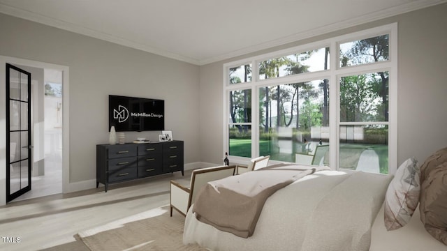 bedroom featuring ornamental molding, light wood-type flooring, baseboards, and ensuite bathroom