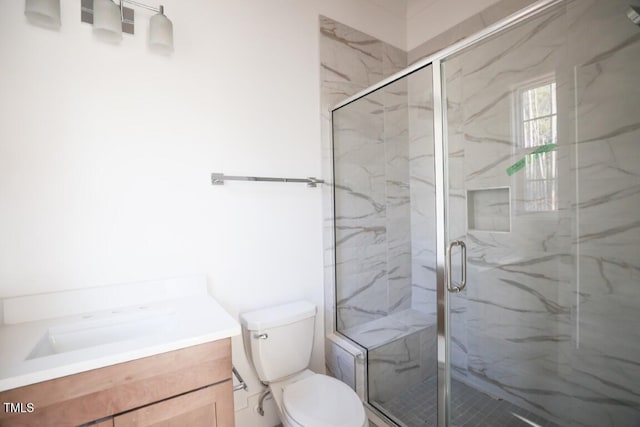 bathroom with vanity, an enclosed shower, and toilet