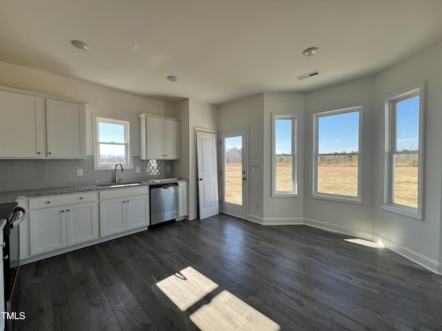 kitchen with decorative backsplash, dark hardwood / wood-style flooring, stainless steel dishwasher, sink, and white cabinets