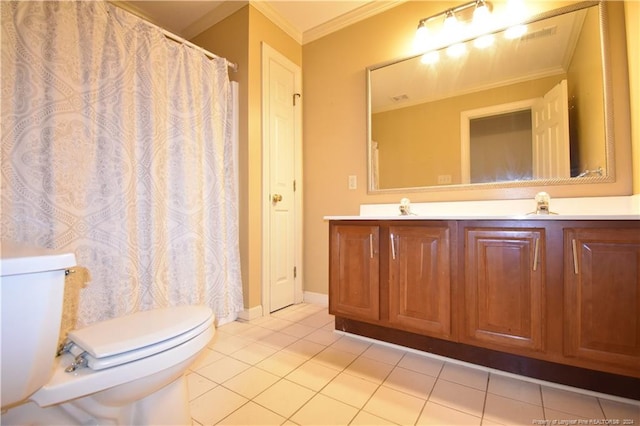 bathroom with tile patterned floors, vanity, toilet, and crown molding