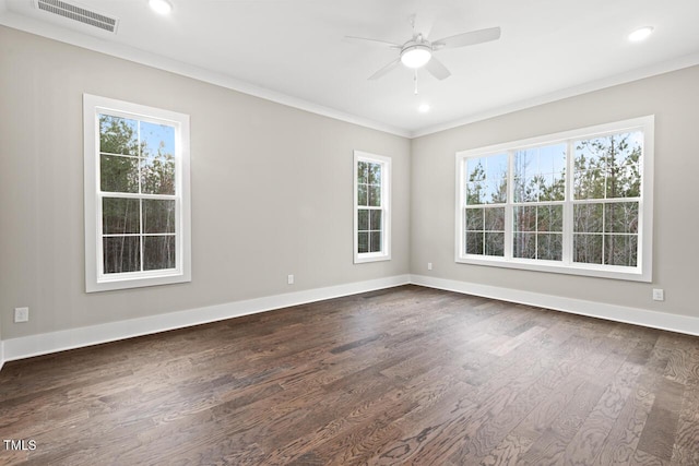 empty room with ceiling fan, dark hardwood / wood-style flooring, and a wealth of natural light